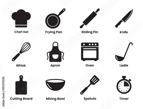 Kitchen Cooking Utensils Icon Set, Black Silhouette Chef Hat Frying Pan Oven Vector Collection, Culinary Equipment Symbol Design Elements