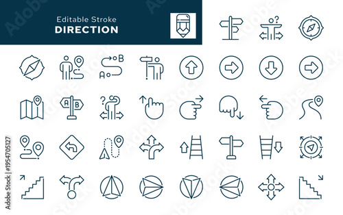 Direction. Set of outline icons. Path, route, way, navigation, gps, point, icon, map, compass, orientation, pointer and more. Line icon in linear style. Vector collection	
