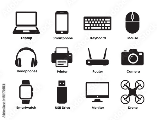 Technology Devices Icon Set, Black Silhouette Laptop Smartphone Keyboard Vector Collection, Digital Gadgets Symbol Design Elements
