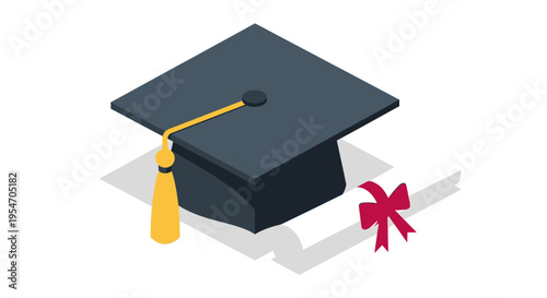 Isometric Graduation Cap and Diploma Illustration - Vector Mortarboard with Yellow Tassel and Degree Scroll - Academic Achievement and Success Symbol