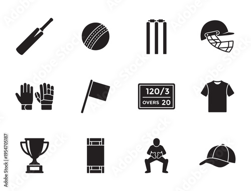 Cricket Sport Icon Set, Black Silhouette Bat Ball Stumps Helmet Vector Collection, Cricket Equipment Symbol Design Elements