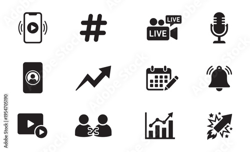 Social Media Content Creator Icon Set, Black Silhouette Live Stream Hashtag Growth Vector Collection, Digital Marketing Symbol Design Elements