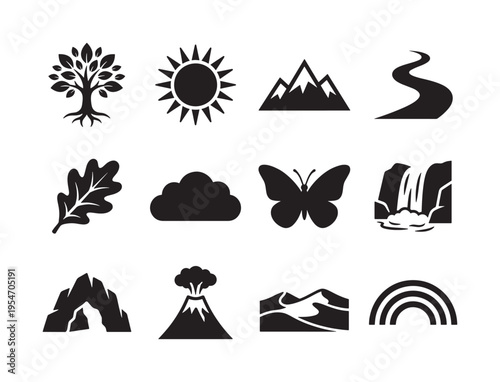 Nature Landscape Icon Set, Black Silhouette Tree Mountain Butterfly Vector Collection, Outdoor Environment Symbol Design Elements