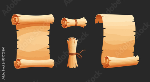 Set of Cartoon Parchment Scrolls and Old Paper Rolls for Game UI, Fantasy Treasure Maps, and Ancient Documents on Dark Background