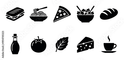 A collection of simple black icons representing various food items and drinks, perfect for menus, websites, or apps.