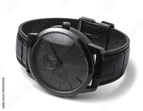 Close-up of a wristwatch, showcasing a dark, minimalist design with a textured leather strap. The watch face features two sub-dials