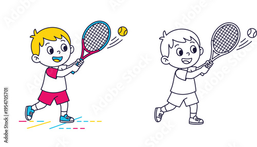 Cute cartoon boy playing tennis with racket and ball, vector illustration with black and white coloring page outline for kids sports activity