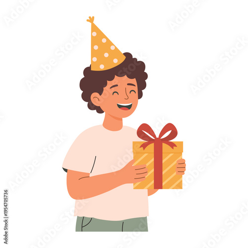 Happy boy with birthday gift, kid in party hat holding present, cute flat cartoon illustration