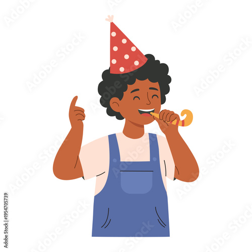 Happy boy blowing party horn, kid celebrating birthday, festive cartoon illustration