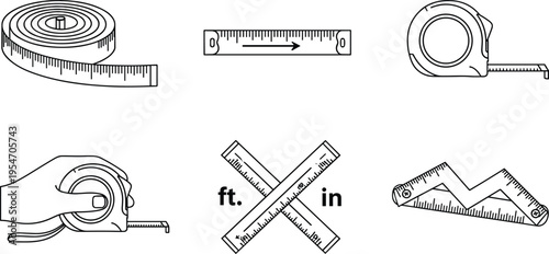 Set of six measuring tool icons including tape, ruler, hand-held tape, crossed rulers with feet and inches, and triangular square