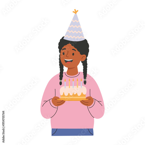 Happy girl holding birthday cake with candles, kid celebrating party, cute cartoon illustration