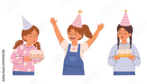 Happy girls birthday celebration set, kids with cake and party hats, blowing candles and cheering, cute cartoon illustration