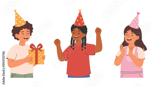 Happy kids birthday celebration set, children with cake, party horn and gift, diverse cartoon characters