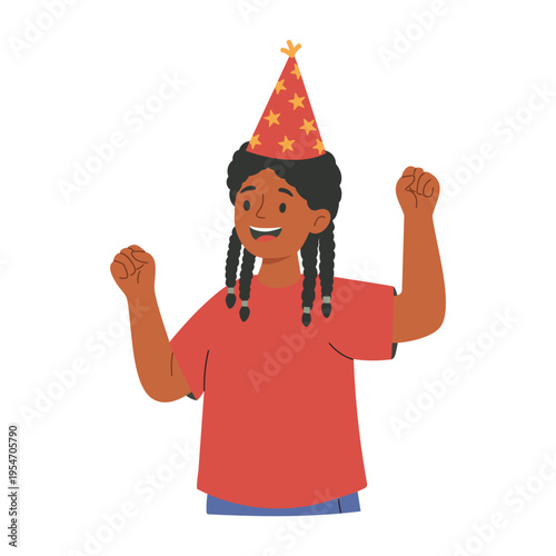 Happy girl cheering at birthday party, kid celebrating with raised fists, cute cartoon illustration