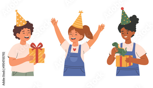 Happy kids birthday celebration set, children with cake, party horn and gift, diverse cartoon characters