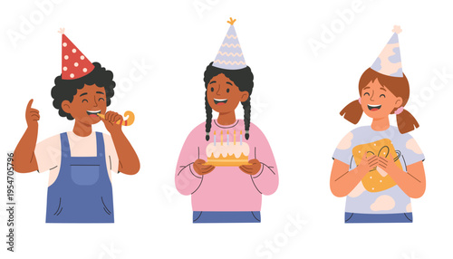 Happy kids birthday celebration set, children with cake, party horn and gift, diverse cartoon characters