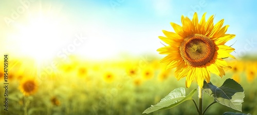 Vibrant Sunflower Field Under a Bright Blue Sky with Rolling Green Hills and Golden Sunshine Glow