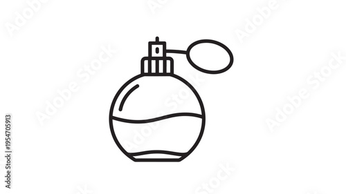 Perfume bottle atomiser with vintage style pump and fluid line detail, simple icon representation for beauty and fragrance products.
