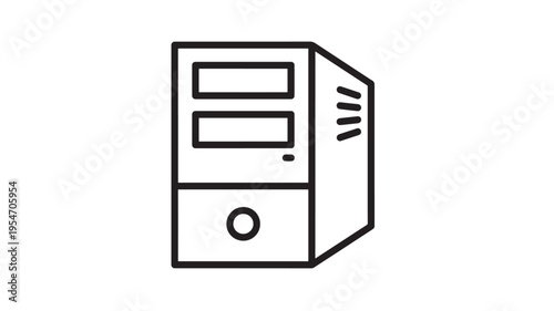 Computer tower icon with two front bays and a circular power button, representing hardware and technology.