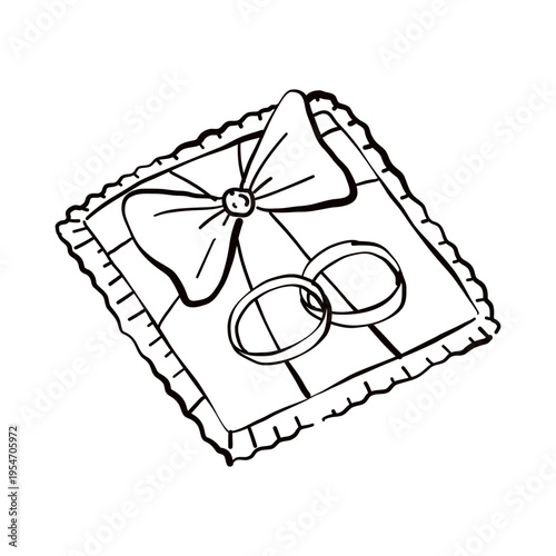 Whimsical simple wedding pillow with rings. Hand drawn doodle illustration isolated on white background.