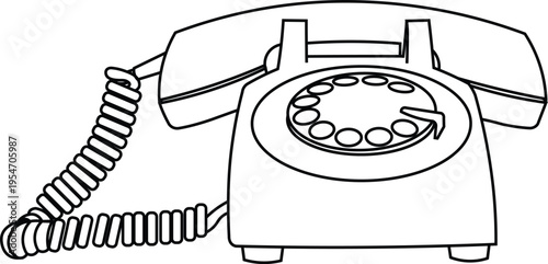 Outline of a vintage rotary telephone front view isolated on a white background.