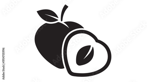 Plum stylized icon with a leaf and a half-cut plum showing the pit, isolated on a white background. featuring fruit, symbol, seed with stem and sweet