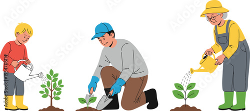 Family gardening scene with parents and child planting and watering young plants sustainable lifestyle illustration