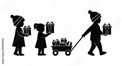 Children with gifts and a wagon depicted in a striking black silhouette high quality professional detailed