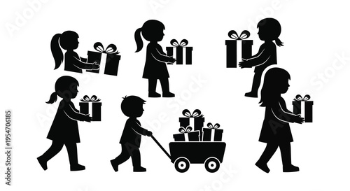 Children cheerfully carrying and presenting gifts showcasing a festive and joyful holiday spirit silhouette high quality