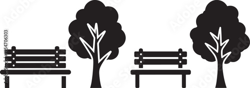 Black silhouette illustration of two park benches and two trees, symbolizing outdoor recreation and public spaces, Nature Element