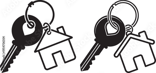 House Keys with Outline Home Keychains Vector Icon Set for Real Estate, Property, Mortgage, and Home Ownership Concepts, Property Key