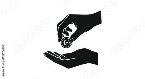 A pair of hands shown in a stark contrast one offering a coin to the other silhouette
