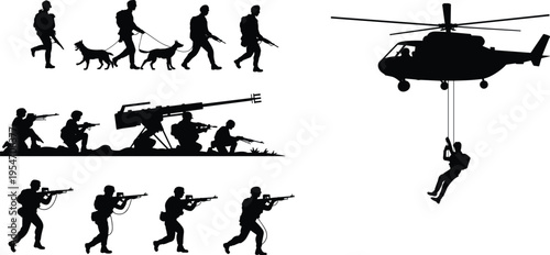 Military soldiers silhouette illustration design, combat operation artwork, army personnel concept, helicopter rappelling theme, canine unit symbol, warfare activity graphic style