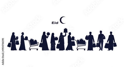 Eid shopping scene featuring people with shopping carts and bags depicted as a striking silhouette