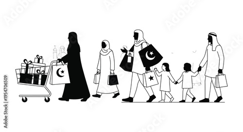 A family enjoys ramadan shopping with gifts and crescent moons depicted as a silhouette high quality