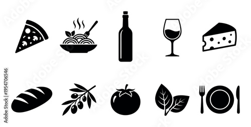 A collection of black vector icons representing Italian cuisine, including pizza, pasta, wine, cheese, bread, olives, tomato, and tableware on a white background.
