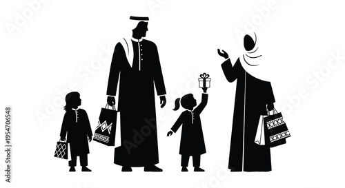 A family enjoying eid shopping together depicted in a striking black silhouette high quality professional detailed