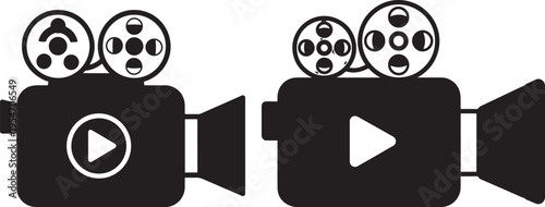 Vintage Film Camera with Play Button Silhouette Vector Icon Set for Production, Movie Making, and Cinema Concepts, Video Camera