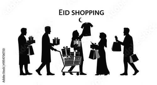 Eid shopping scene depicting people with gifts and purchases in a striking silhouette high quality professional