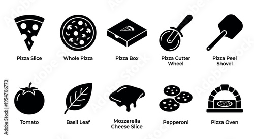 A collection of black and white vector icons depicting various pizza ingredients, tools, and finished products, perfect for culinary themes.