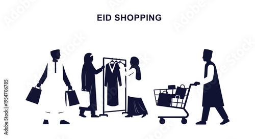 Eid shopping scene depicting people browsing clothes and carrying shopping bags a dark silhouette high quality