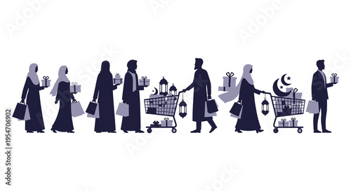 A group of people shopping with gifts and carts depicted in a dark silhouette high quality