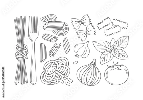 Black and white line of pasta fork garlic onion basil tomato