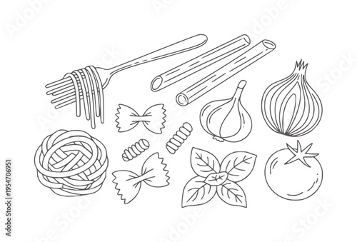 Black and white line of pasta ingredients and utensils fork spaghetti penne farfalle