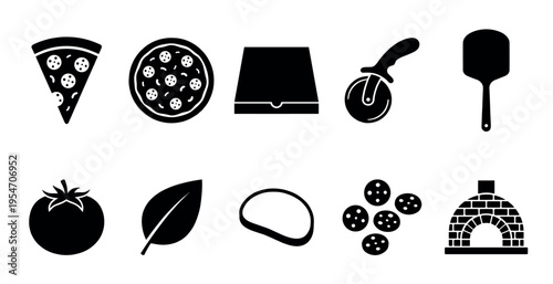 A collection of black flat icons representing pizza, ingredients, and cooking tools for a pizzeria or Italian restaurant.