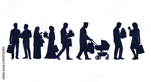 A line of shoppers including families carrying bags and gifts depicted in black silhouette high quality