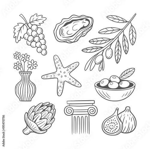 Hand drawn collection of Mediterranean including grapes olives figs artichoke column starfish