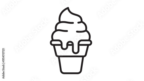 Ice cream cone icon with a swirled soft serve topping and dripping sauce, rendered in a simple line art style for a clean graphic.