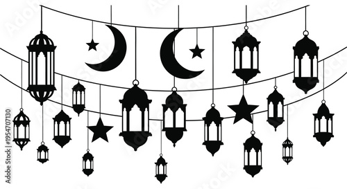Festive ramadan decorations with crescent moons stars and ornate lanterns in black silhouette high quality professional