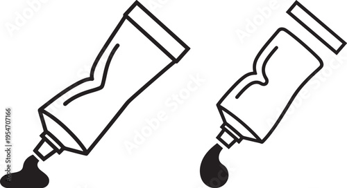 Black and white illustration of two tubes of paint, one dispensing dark liquid, symbolizing art supplies and creativity, White Background